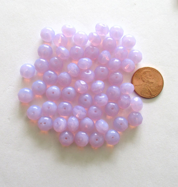 25 Czech glass puffy rondelle beads - 6 x 9mm milky lavender / alexandrite / lilac fire polished faceted beads C00731