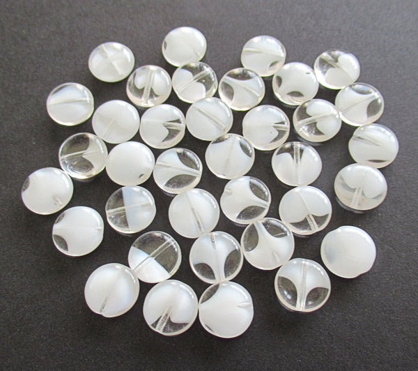 20 Czech glass coin beads - 10mm white & crystal mix disc beads C0038