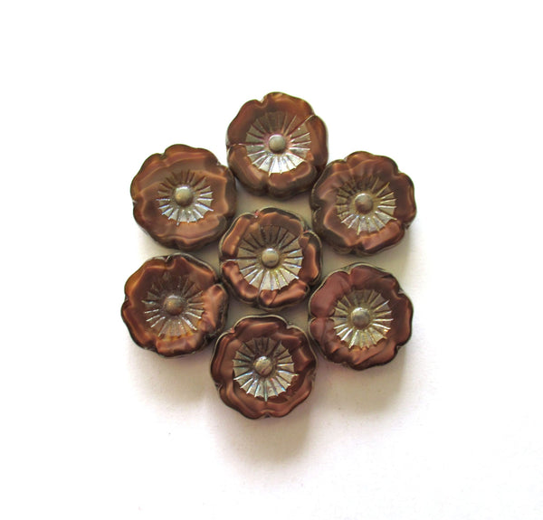 Two large 22mm Czech glass flower beads - Table cut carved silky marbled brown picasso beads - Hawaiian hibiscus focal flower beads - 00881