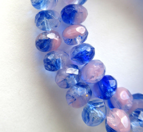 Lot of 25 Czech glass faceted puffy rondelle beads - 5 x 7mm pink, crystal & blue marbled mix rondelles C00612