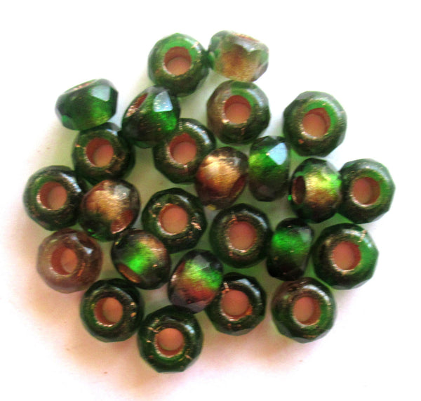 Ten Czech glass roller beads - 8.5 x 5mm emerald green & crystal marbled gold lined, faceted roller, rondelle, big 3.5mm hole beads C00801