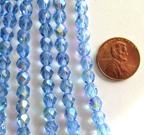 Lot of 25 6mm Czech glass beads - Medium Sapphire Blue AB fire polished faceted round beads - C0056