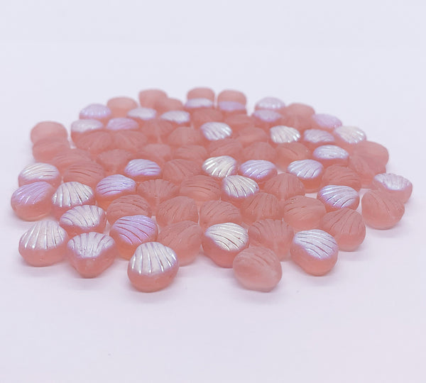 Twenty Czech glass seashell, fan or clam beads - 8mm matte rosaline pink AB shell beads - C0099