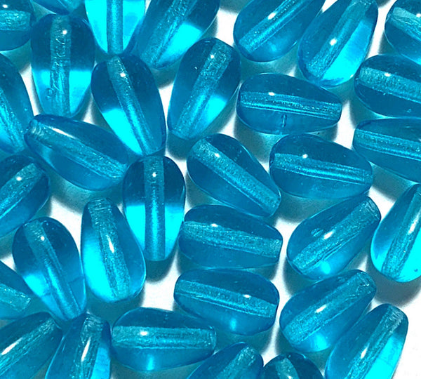 Lot of 25 10 x 6mm Czech glass aqua blue teardrop beads - center drilled smooth drop beads C0012