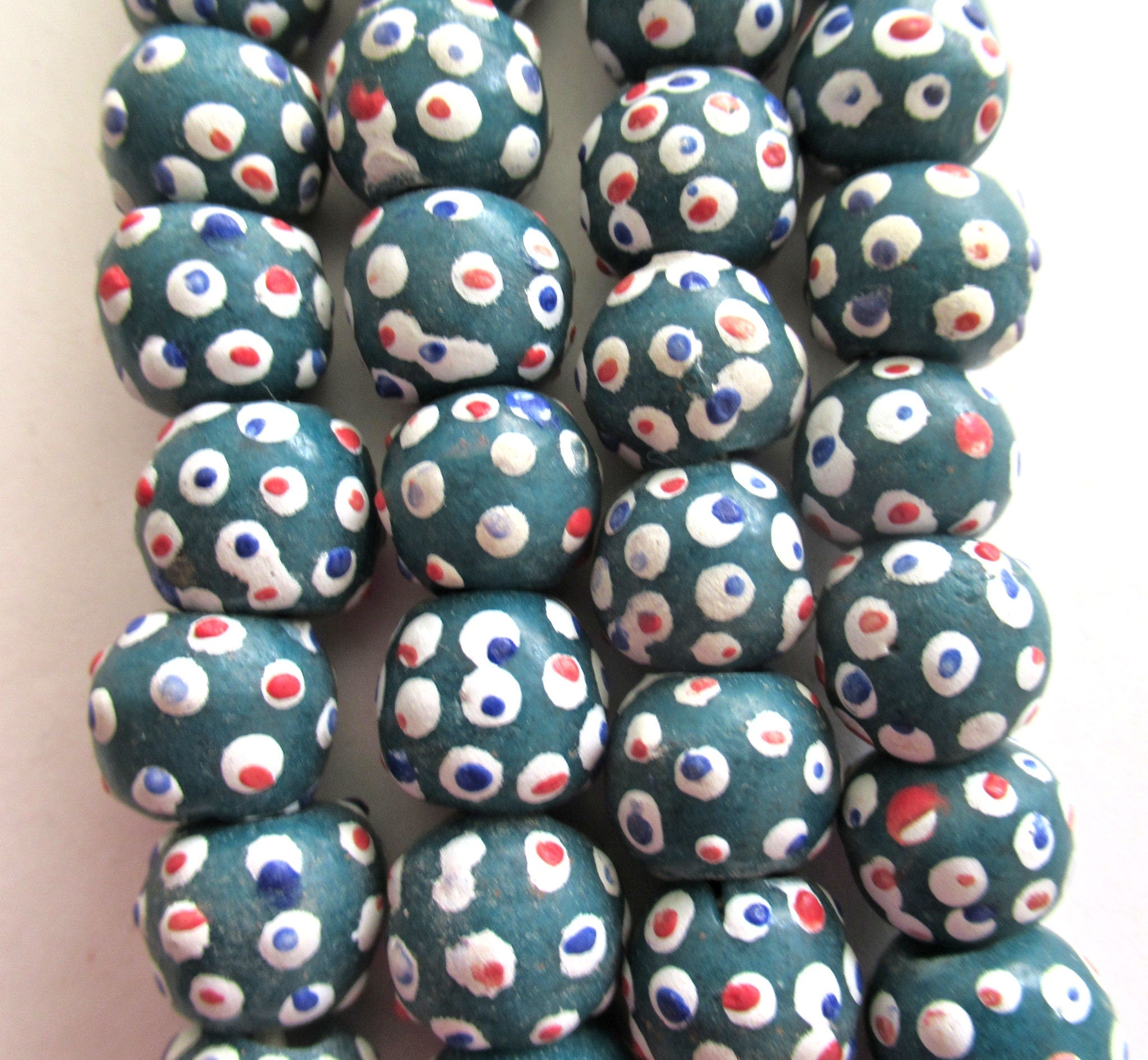 Lot of 8 African Ghana Krobo round glass evil eye beads - green beads with color mix dots - 11-12mm - big hole rustic earthy beads - C0039