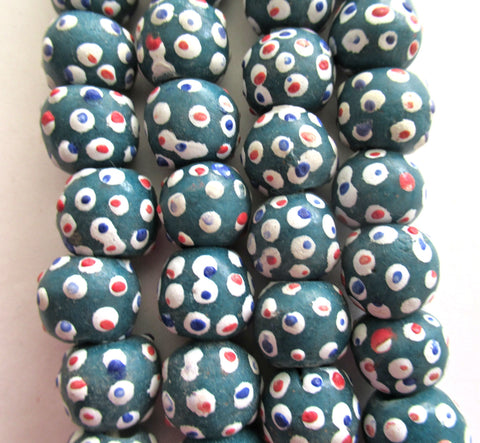 Lot of 8 African Ghana Krobo round glass evil eye beads - green beads with color mix dots - 11-12mm - big hole rustic earthy beads - C0039