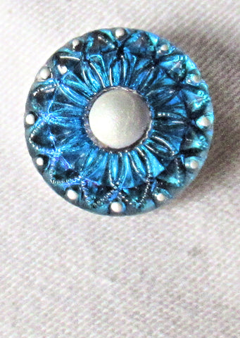 One 18mm Czech glass flower button, aqua blue sunflower with matte silver accents, decorative floral shank buttons 56101