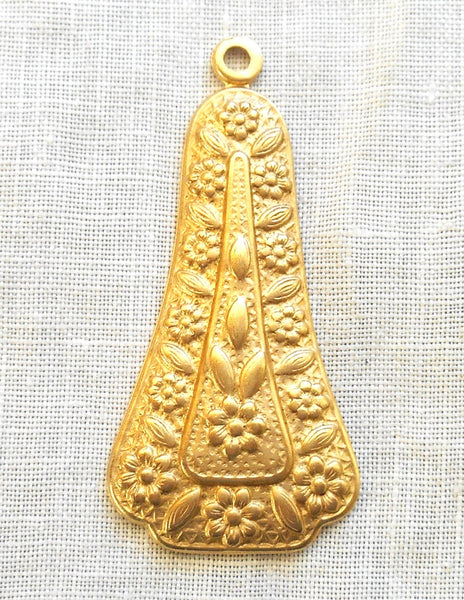 1 Raw Brass Stamping, a medium sized Victorian, Art Nouveau, Deco dangle, pendant, charm, drop, earring, 41mm x 19mm, made in the USA C1401 - Glorious Glass Beads