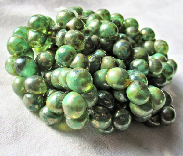 Lot of 30 8 x 9mm Czech glass mushroom or button beads - translucent & opaque mix green w/ picasso finish - pressed glass beads 52130