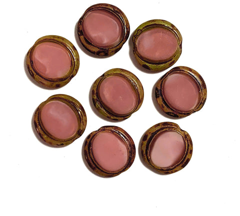 Six 14mm Czech glass coin or disc beads - table cut carved silky pink beads with a silvery brown picasso finish along the edges C0611