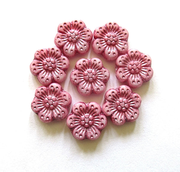 Twelve Czech glass wild rose flower beads - 14mm opaque pink floral beads with luster pink wash C0058