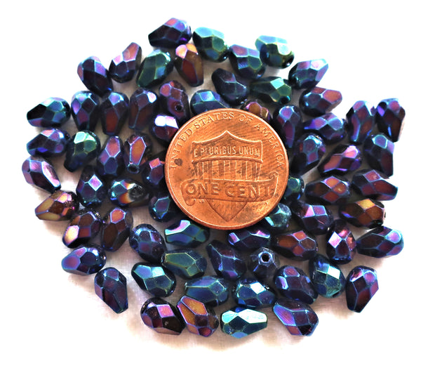 Lot of 25 7 x 5mm Blue Iris teardrop Czech glass beads, faceted firepolished beads C3601 - Glorious Glass Beads