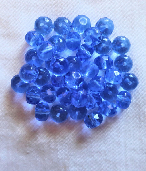 Lot of 25 transparent sapphire blue puffy rondelles - 6 x 9mm faceted blue Czech glass rondelle beads - C0054