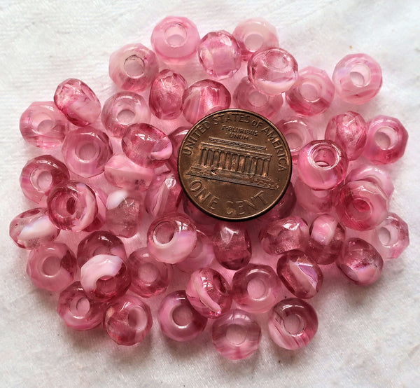 Ten Czech glass faceted roller beads - 8.65mm x 5.32mm opaque & transparent pink and white marbled tyre beads - big 3.38mm hole beads C1901 - Glorious Glass Beads