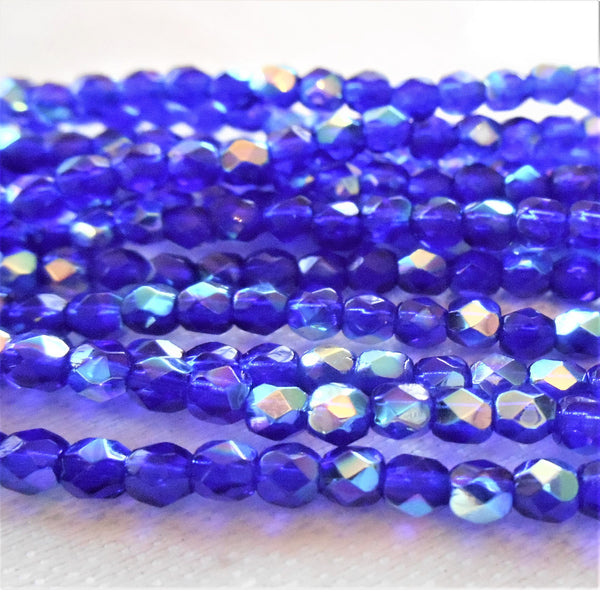 50 3mm Czech Cobalt Blue AB Czech glass beads, firepolished faceted round beads C7450 - Glorious Glass Beads