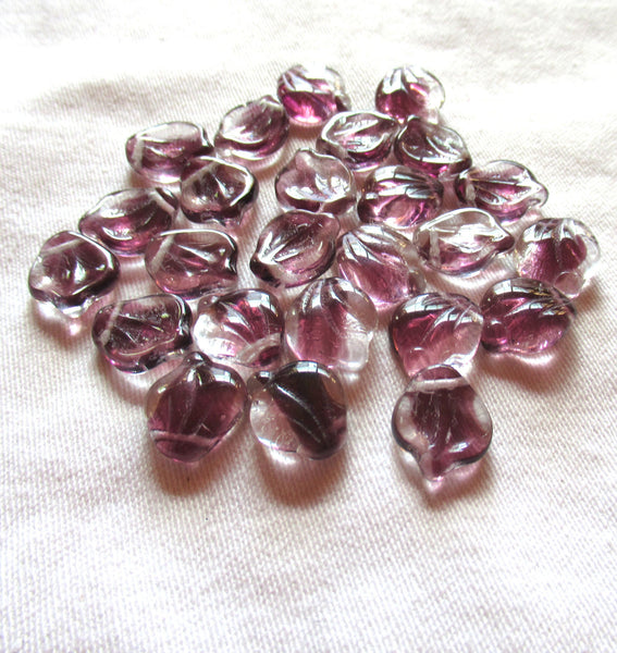 Ten 12 x 15m large Czech glass leaf beads, - crystal clear with streaks of purple or amethyst side drilled beads