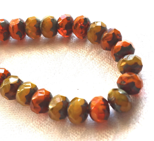 lot of 25 Czech glass faceted puffy rondelle beads, Translucent Orange and Yellow Opal Picasso mix. 6 x 8mm rustic, earthy, rondelles 02301