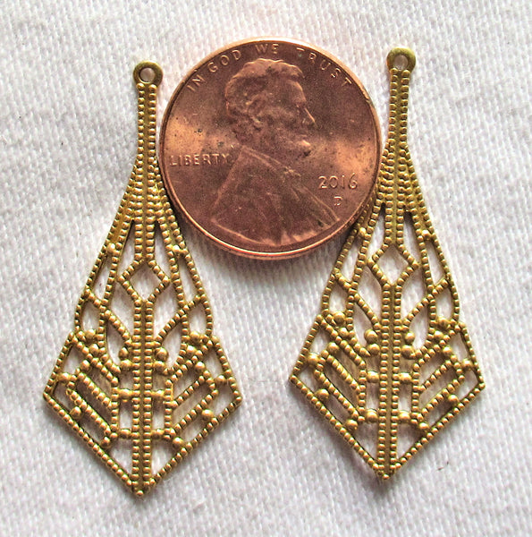 2 raw brass stampings pair- ornate vintage filigree earrings or charms with ring - 37mm x 17mm - USA made C2502