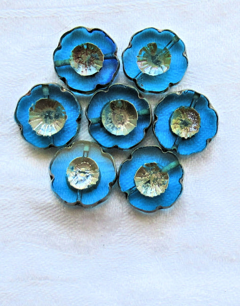 Lot of five 14mm Czech glass flower beads, table cut, carved, transparent capri blue picasso Hawaiian flower beads C02101
