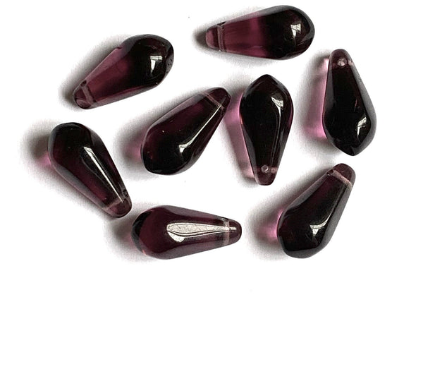 Ten large Czech glass teardrop beads - 9 x 18mm transparent amethyst purple pressed glass side drilled faceted drops six sides C0063
