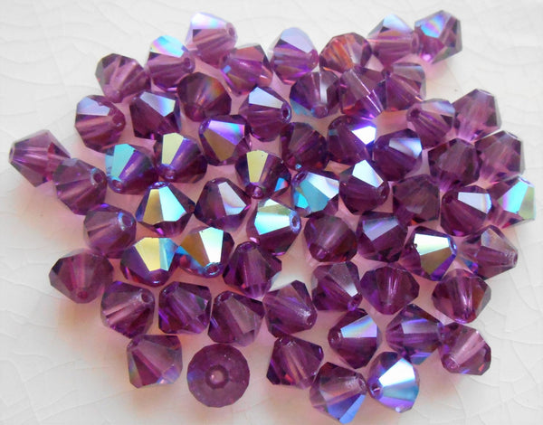 Lot of 24 6mm Amethyst AB Czech Preciosa Crystal bicone beads, faceted glass purple AB bicones C60101