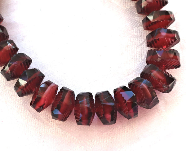 Lot of 6 Czech glass faceted wavy rondelle beads, large 14 x 6mm Garnet Red with white hearts, chunky rondelles, focal beads C05101 - Glorious Glass Beads