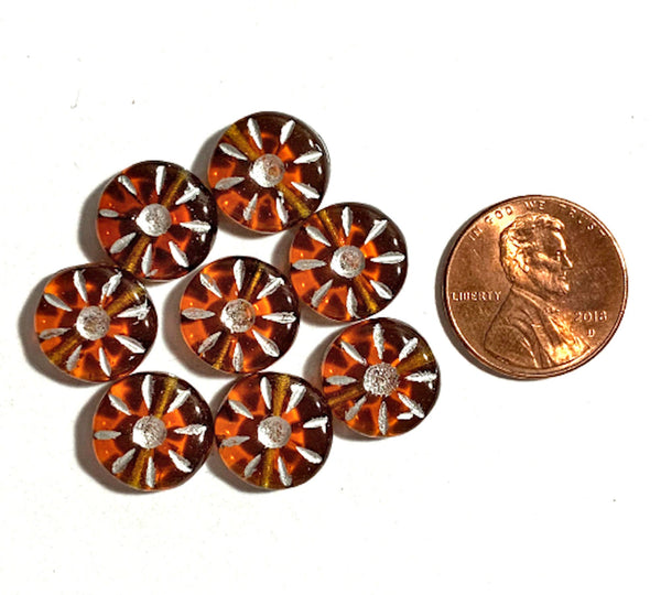 Eight 12mm Czech glass flower beads - round, carved, topaz or amber daisy, coin, disc or wheel beads w/ silver accents C0088