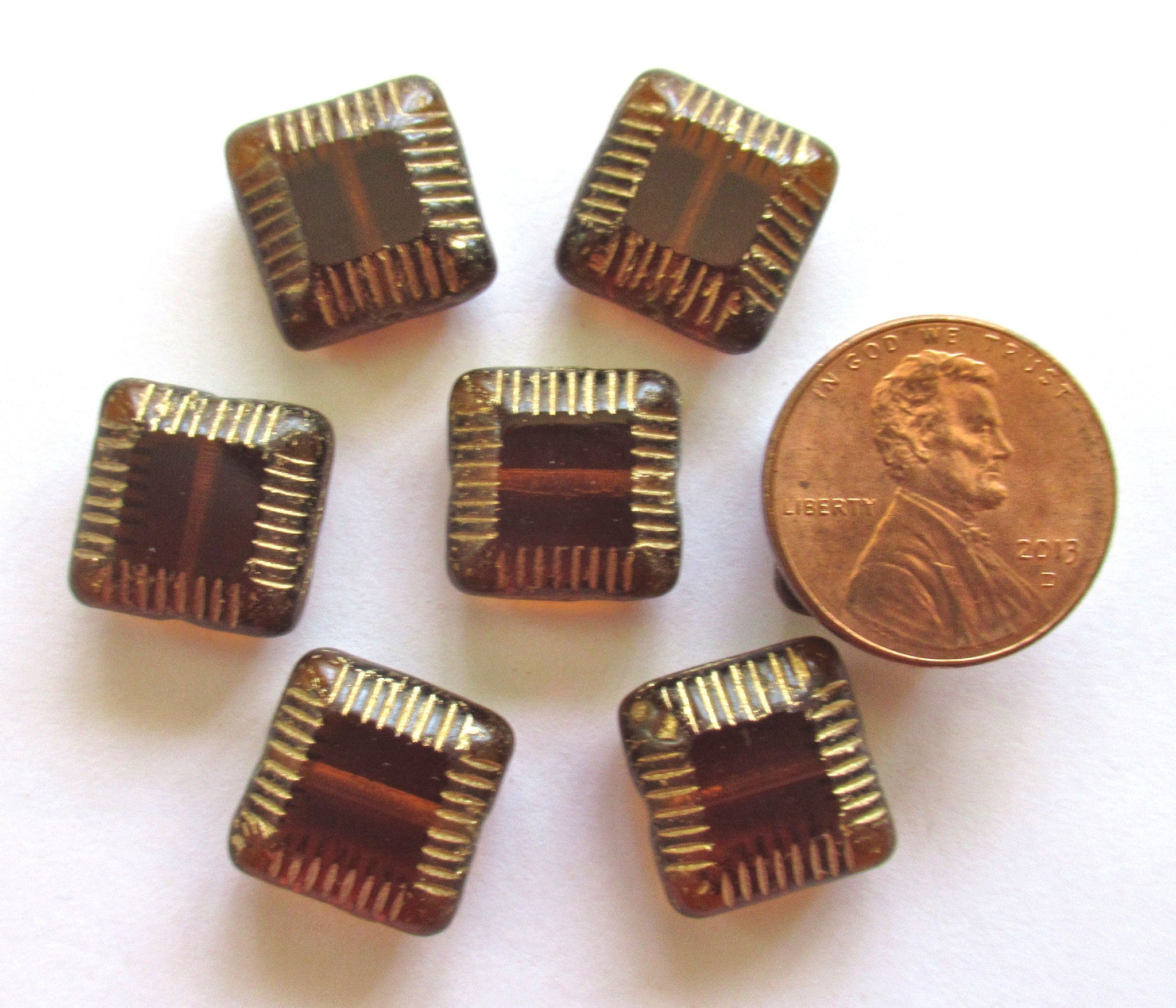 Four 14mm x 6mm Czech glass square beads - smoky topaz brown with gold accents table cut carved beads - 6.5mm thick chunky beads C0077