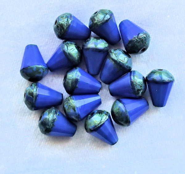 Lot of 15 8 x 6mm Czech glass teardrop beads - opaque royal blue silk w/ black accents - special cut, faceted, firepolished beads C05101 - Glorious Glass Beads