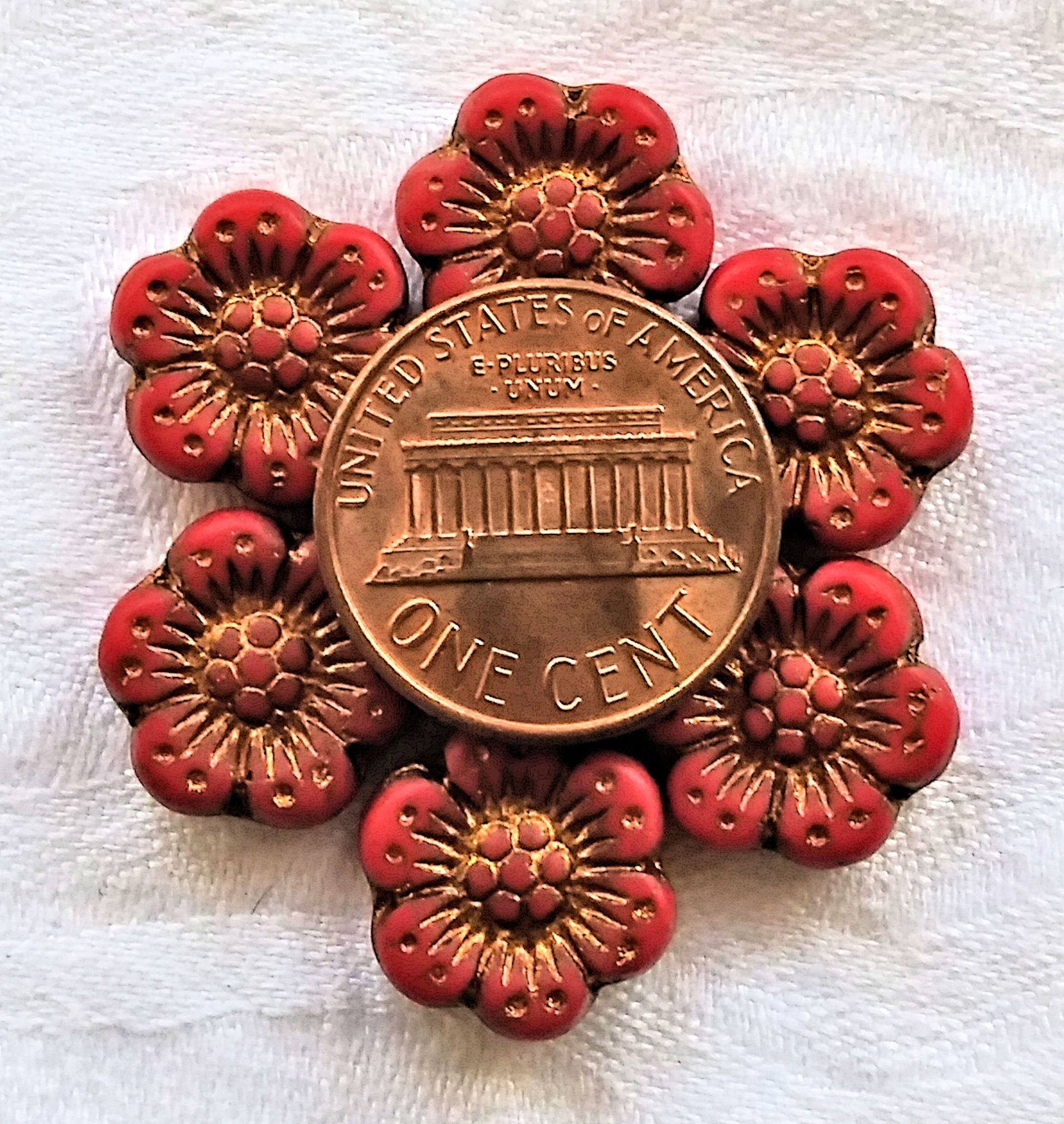Twelve Czech glass wild rose flower beads - 14mm opaque matte red floral beads with a bronze wash C07105 - Glorious Glass Beads