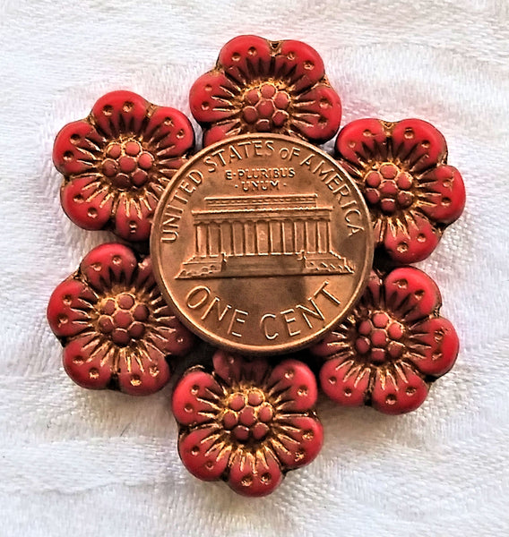 Twelve Czech glass wild rose flower beads - 14mm opaque matte red floral beads with a bronze wash C07105 - Glorious Glass Beads