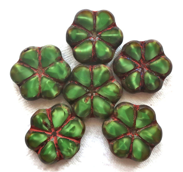 Lot of six Czech glass flower beads, 15mm table cut, carved, opaque, marbled forest or hunter green silk with a picasso finish, C34106