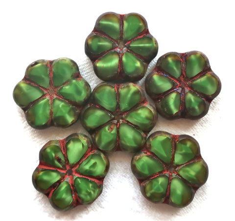 Lot of six Czech glass flower beads, 15mm table cut, carved, opaque, marbled forest or hunter green silk with a picasso finish, C34106 - Glorious Glass Beads