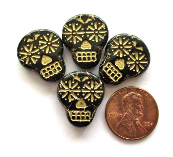 Four large black & gold Czech glass skull beads - opaque black glass with a gold wash - focal beads - 20mm x 17mm C00331