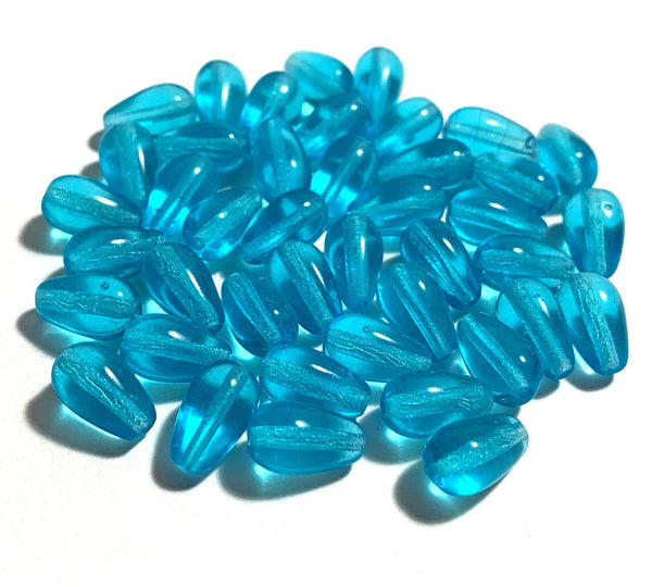 Lot of 25 10 x 6mm Czech glass aqua blue teardrop beads - center drilled smooth drop beads C0012