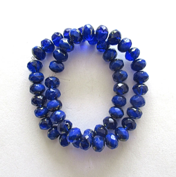 25 Czech glass puffy rondelle or donut beads - 5 x 7mm transparent & opaque cobalt blue mix beads- fire polished faceted beads 00021