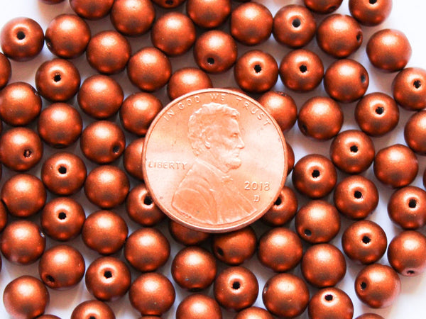 Lot of 50 6mm Czech glass druks, matte metallic copper smooth round druk beads C0094