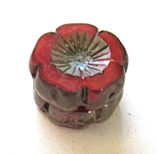 Five 16mm Czech glass flower beads - ,translucent red with a picasso finish - table cut, carved Hawaiian hibiscus beadsC00741