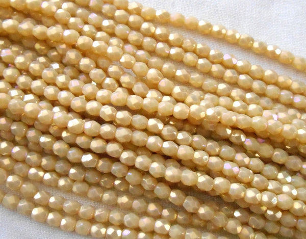 50 3mm Czech glass beads, Opaque, Off White, Antique Beige Luster Iris, firepolished, faceted round beads C3550