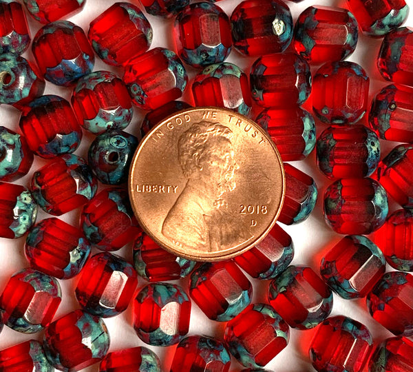 15 Czech glass faceted cathedral or barrel beads six sides - 8mm fire polished Siam red beads with picasso finish on the ends C0075