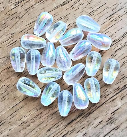 Lot of 25 10 x 6mm Czech glass crystal AB teardrop beads - center drilled smooth drop beads C2701 - Glorious Glass Beads