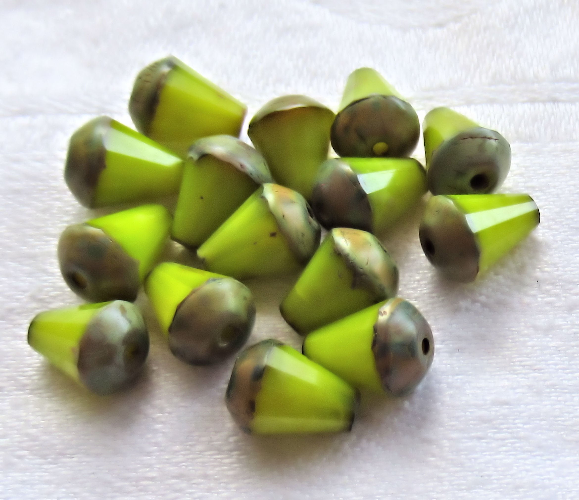 Lot of 15 8 x 6mm Czech glass teardrop beads - opaque silky lime green picasso - special cut, faceted, firepolished beads C05101 - Glorious Glass Beads
