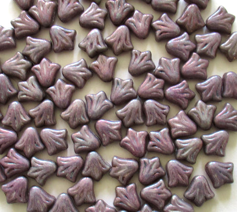 Lot of 25 8.5mm Czech glass flower beads - opaque purple amethyst pressed glass lily flower beads C0047