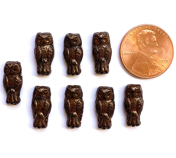 10 Czech glass owl beads - top drilled 7 x 15mm dark bronze metallic pressed glass beads C0034