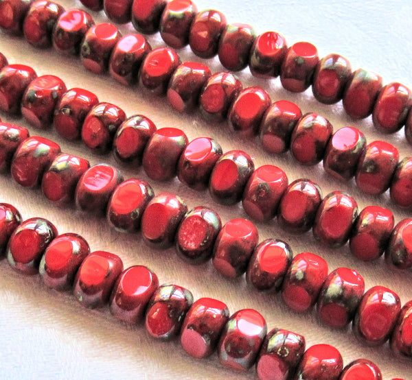 Strand of 37 Tricut - Tri-cut - Round opaque red picasso Czech glass beads - table cut 7mm x 4mm rustic earthy beads C00219