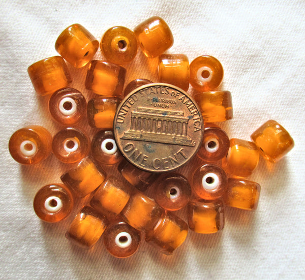 25 Bright Orange glass cylinder beads with white hearts - approx 7 x 8mm with 1.5mm hole - Made in India, C8501