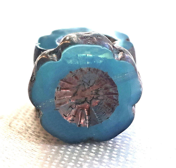 Six 14mm table cut, carved, Czech glass flower beads. translucent ultramarine blue opal with a bronze picasso finish, Hawaiian flowers C8901 - Glorious Glass Beads