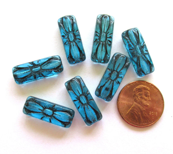 Five 20 x 8mm Czech glass beads - rectangular flower tube beads - aqua blue with a balck wash rectangle beads C0048