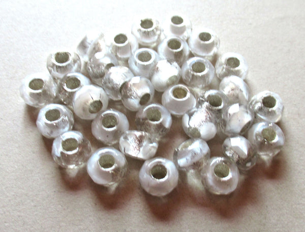 Ten Czech glass faceted ronller beads - 6mm x 8mm silver lined crystal & white tyre bead mix - big 3.38mm hole beads C0008