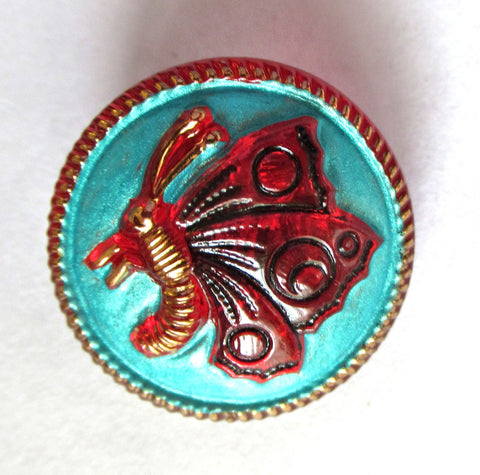 One 18mm Czech glass butterfly button - blue & red with gold accents decorative shank buttons 00552